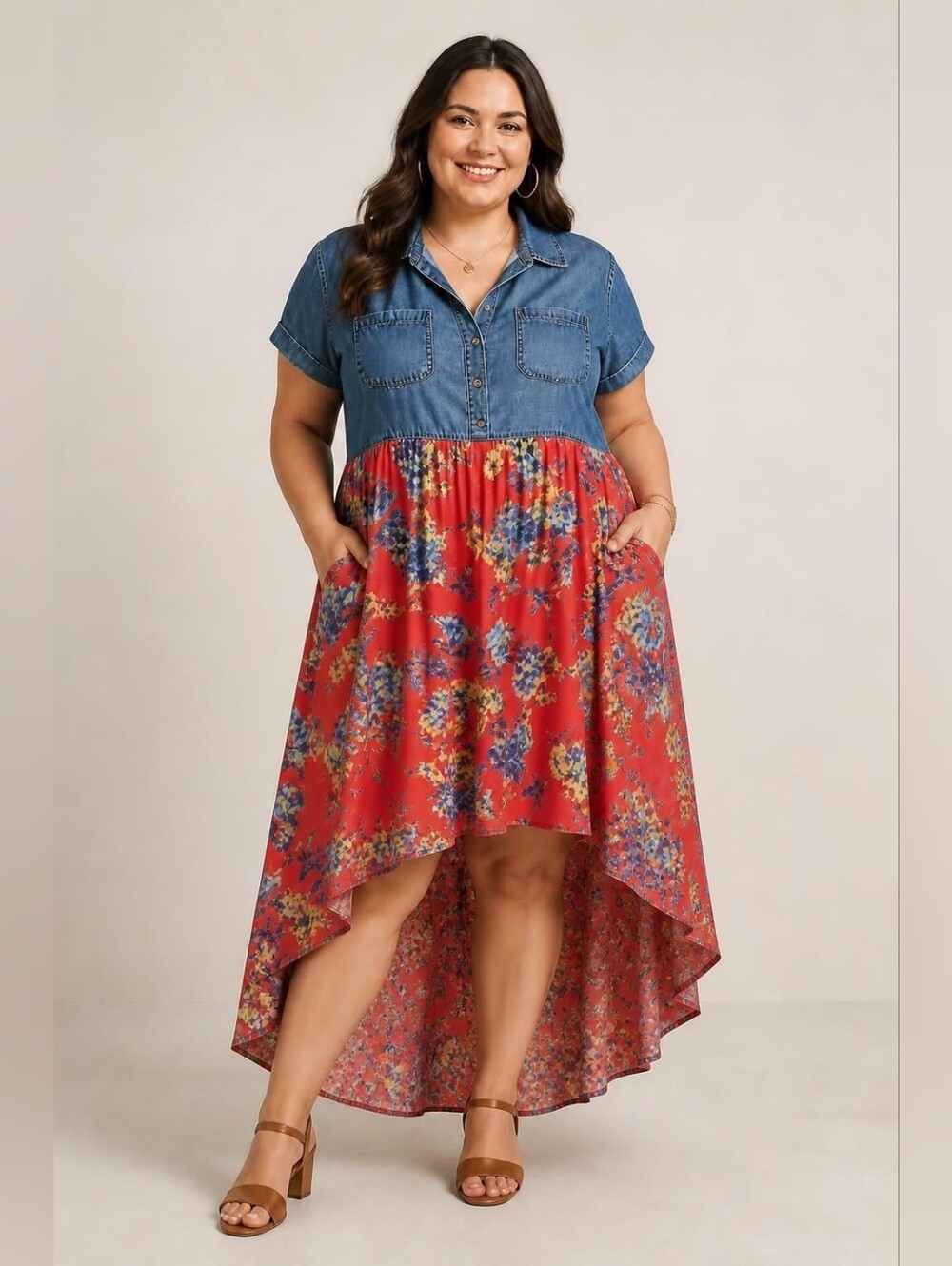 Speed Control 3X Denim Bodice Floral High-Low Skirt in Red and Blue